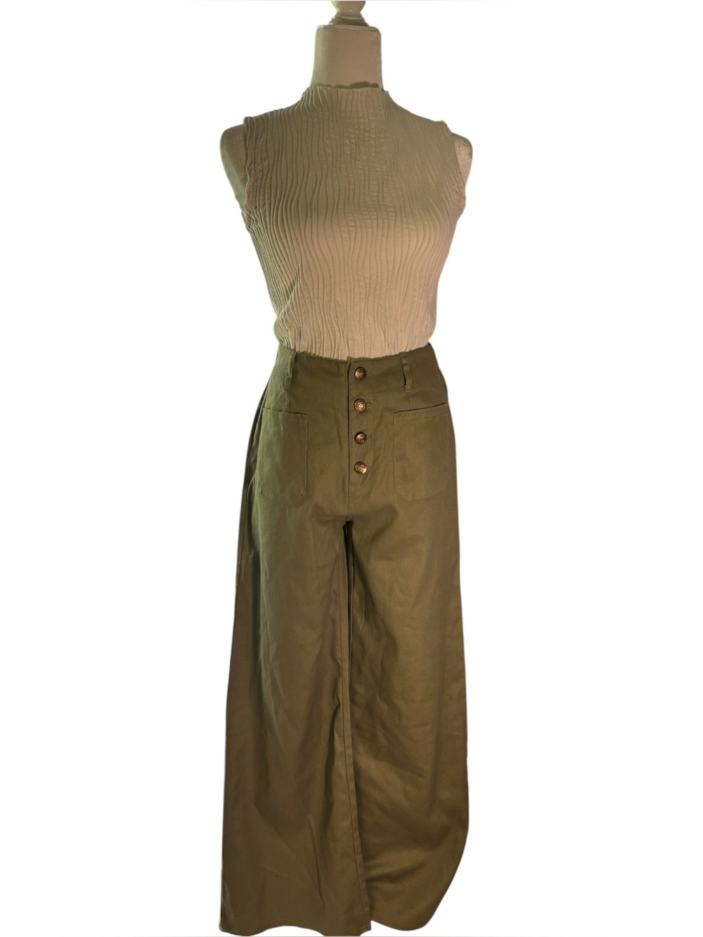 Olive Green High-Waisted Wide Leg Button Front Pants – Size M